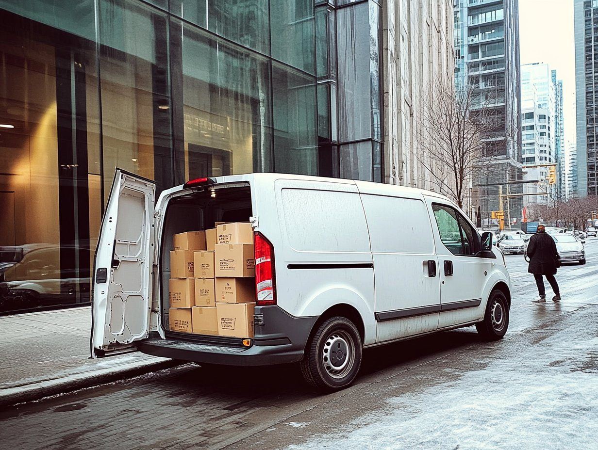 Silnex van rear doors open with stacked boxes, courier on a downtown street